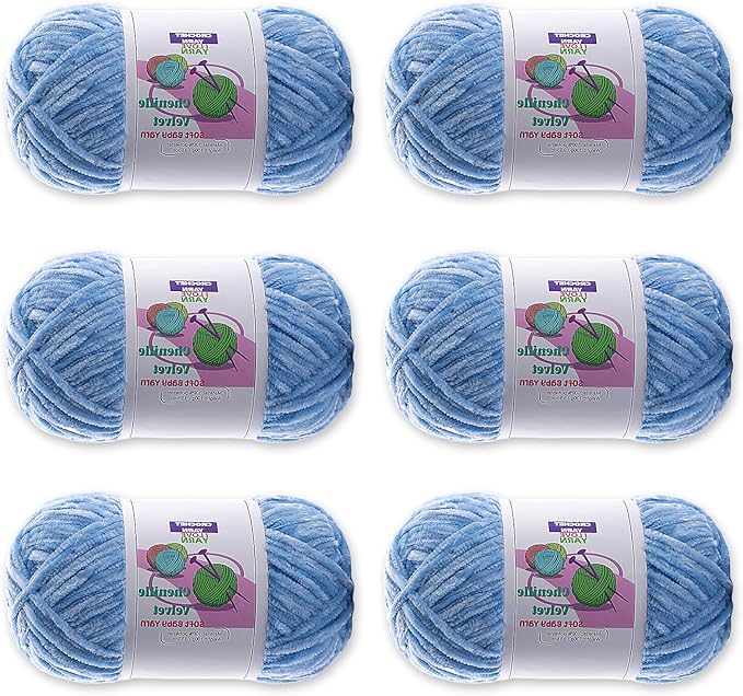 6 Skeins Soft Fluffy Velvet Yarn, Chenille Chunky for Hand Knitting and Crocheting DIY Craft, Amigurumi Crochet Yarns（6×196.8yds, 6×3.5oz） (Light Blue)