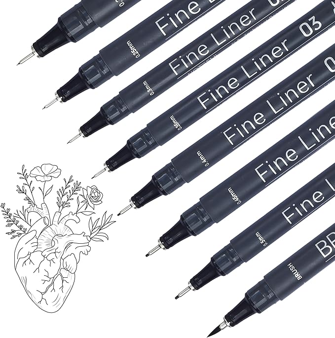 NOTEFUL Fineliner Pens - Black Micro Pens for Writing, Drawing & Journaling – Archival Waterproof Ink – Precision Art Pens for Sketching, Outlining & Detailing (1 Count (Pack of 8))