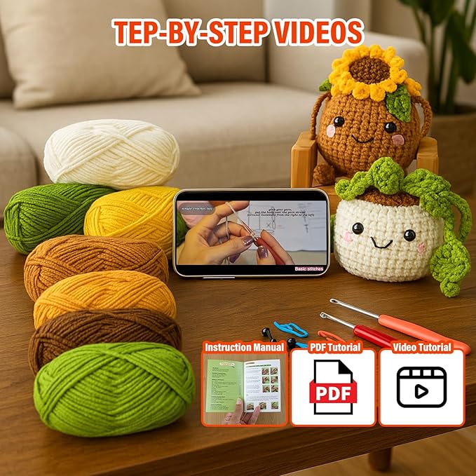 Inawenxlg Crochet Kit for Beginners with Video Tutorials – Amigurumi Starter Set to Make 6 Hanging Potted Plants