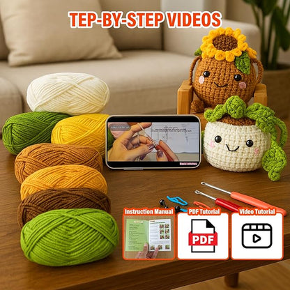 Inawenxlg Crochet Kit for Beginners with Video Tutorials – Amigurumi Starter Set to Make 6 Hanging Potted Plants