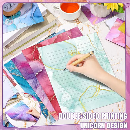 TaoBary 160 Pcs Stationery Paper Set 50 Double Sided Stationery Papers with 50 Matching Envelopes and 60 Round Dot Sticker, 10 Design(Marble,8.5 x 11 Inch)