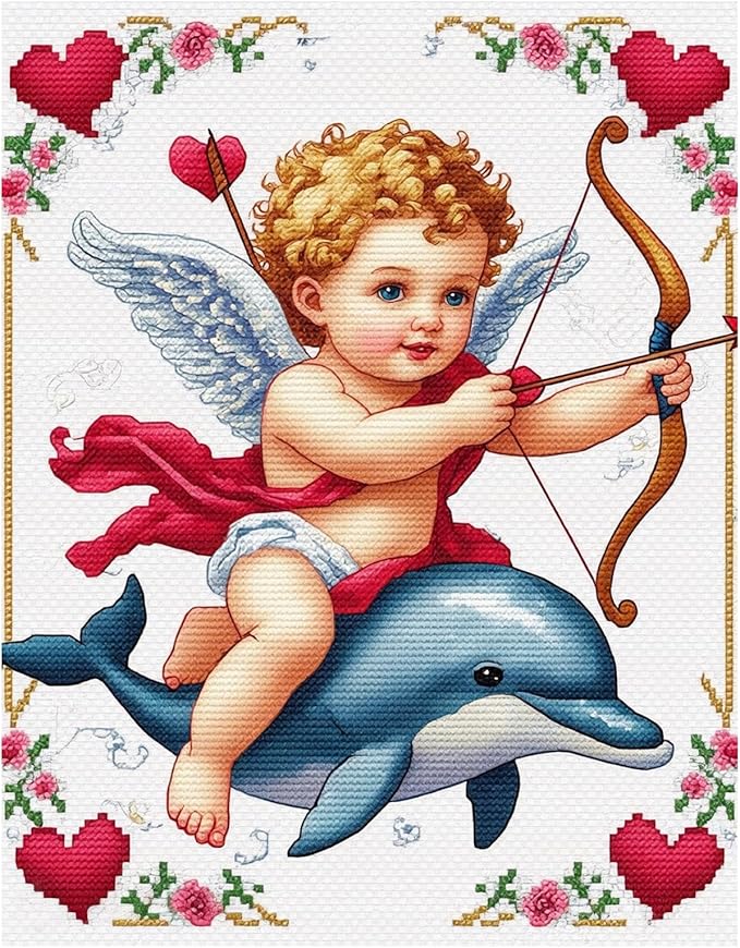 57lilina Stamped Cross Stitch Kits - 11CT Cupid's Arrow Easy Pre Printed Cross-Stitch Patterns for Adults, Advanced Embroidery Kit for Beginners, 14x18 in DIY Crossstitch for Wall Decor or Mom Gifts