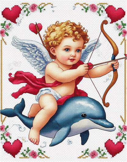 57lilina Stamped Cross Stitch Kits - 11CT Cupid's Arrow Easy Pre Printed Cross-Stitch Patterns for Adults, Advanced Embroidery Kit for Beginners, 14x18 in DIY Crossstitch for Wall Decor or Mom Gifts