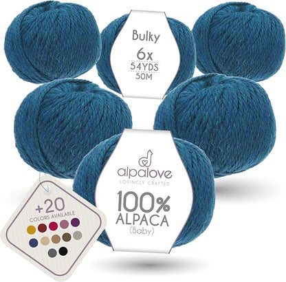 Bulky Set (6 x 1.75 oz) Super Soft Baby Alpaca Knitting Yarn Deep Ocean 328 Yards