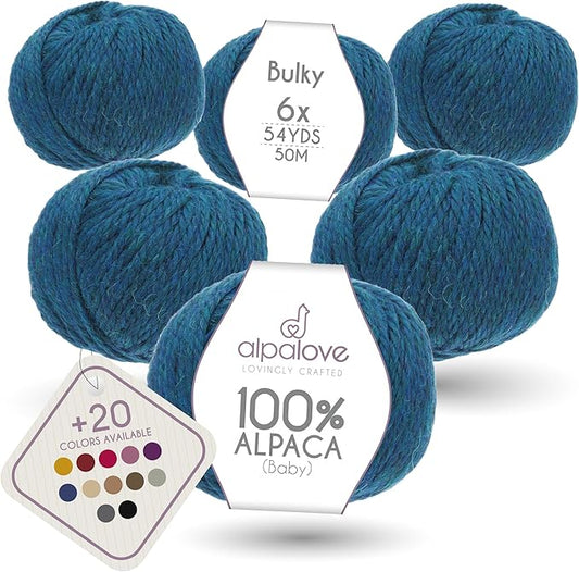 Bulky Set (6 x 1.75 oz) Super Soft Baby Alpaca Knitting Yarn Deep Ocean 328 Yards