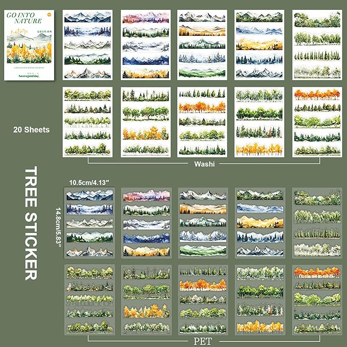 20Sheets Pre-Cut Scrapbooks Stickers Books, Nature Mountains Forests Trees Stickers for DIY Craft, Planners, Journal, Notebook, Laptop, Cell Phone, Calendars, Wedding