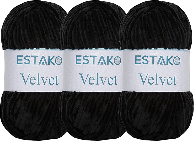 Estako Velvet (3- Skeins Pack) Chenille Blanket amigurumi Yarn for Crocheting and Knitting Super Bulky 3x100 gr (3x132 yds) (1810 - Black)