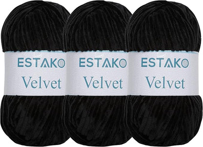 Estako Velvet (3- Skeins Pack) Chenille Blanket amigurumi Yarn for Crocheting and Knitting Super Bulky 3x100 gr (3x132 yds) (1810 - Black)