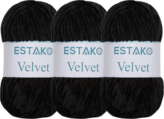 Estako Velvet (3- Skeins Pack) Chenille Blanket amigurumi Yarn for Crocheting and Knitting Super Bulky 3x100 gr (3x132 yds) (1810 - Black)