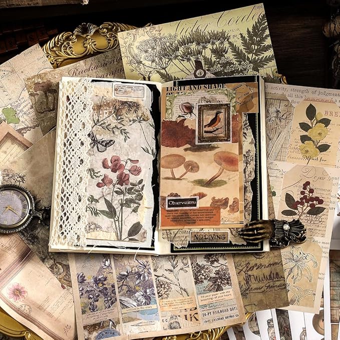 Prstincol Vintage Aesthetic Washi Stickers and Papers for Scrapbooking, 40 Sheets Ephemera Book for Art Journaling with Nature Forest Theme Stickers and Decoupage Papers for Junk Journal
