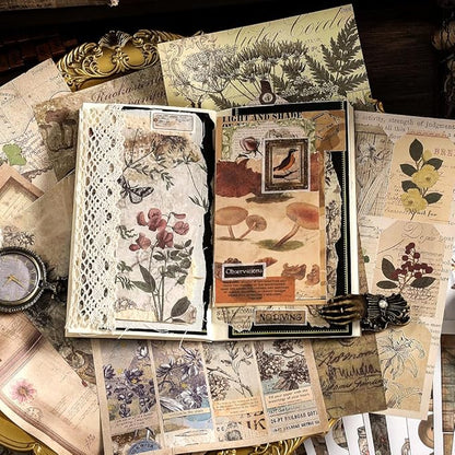 Prstincol Vintage Aesthetic Washi Stickers and Papers for Scrapbooking, 40 Sheets Ephemera Book for Art Journaling with Nature Forest Theme Stickers and Decoupage Papers for Junk Journal