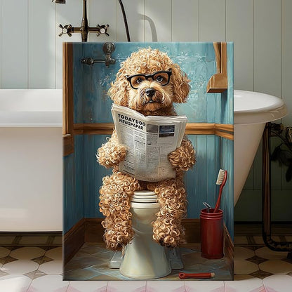 WENGTIAO Funny Dog Framed Canvas Wall Art Brown Poodle On Toilet Reading Newspaper Print Poster Humor Animal Bathroom Painting Pictures Dog Lovers Restroom Artwork for Home Washroom 16x24in