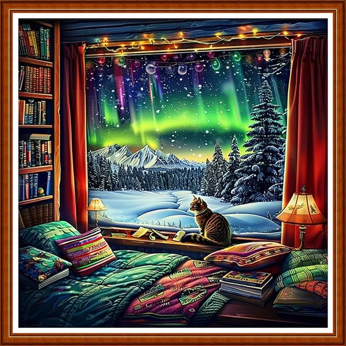 Joyhoor Stamped Cross Stitch Kits for Beginners Needlepoint Kits for Adults Embroidery Kits 11CT Counted Cross Stitch Kits Printed Embroidery Pattern-Outdoor Aurora Borealis Scenery 18x18 inchs