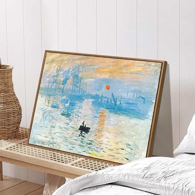 WENGTIAO Impression Sunrise Claude Monet Framed Canvas Wall Art Prints Natural Sunrise Scenery Oil Paintings Reproduction Blue Seascape Canvas Picture Artwork Decor for Living Room Bedroom 12x16 inch