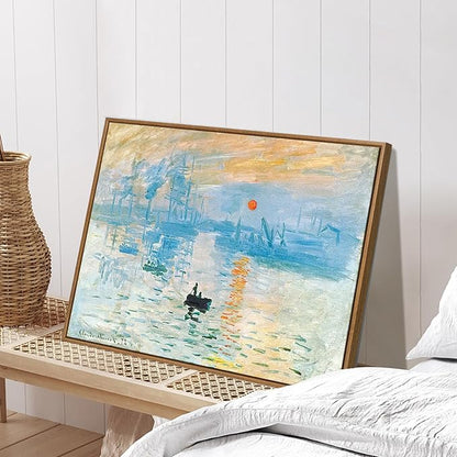 WENGTIAO Impression Sunrise Claude Monet Framed Canvas Wall Art Prints Natural Sunrise Scenery Oil Paintings Reproduction Blue Seascape Canvas Picture Artwork Decor for Living Room Bedroom 12x16 inch
