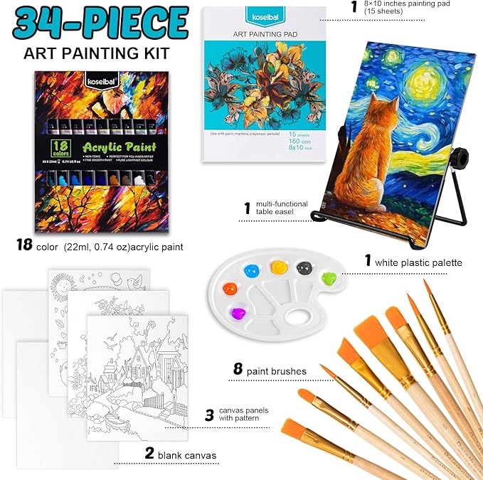 koseibal Acrylic Paint Set for Kids, Art Painting Supplies Kit with 18 Paints, 5 Canvas Panels, 8 Brushes, Table Easel, Etc, Premium Paint Set for Students, Artists and Beginner