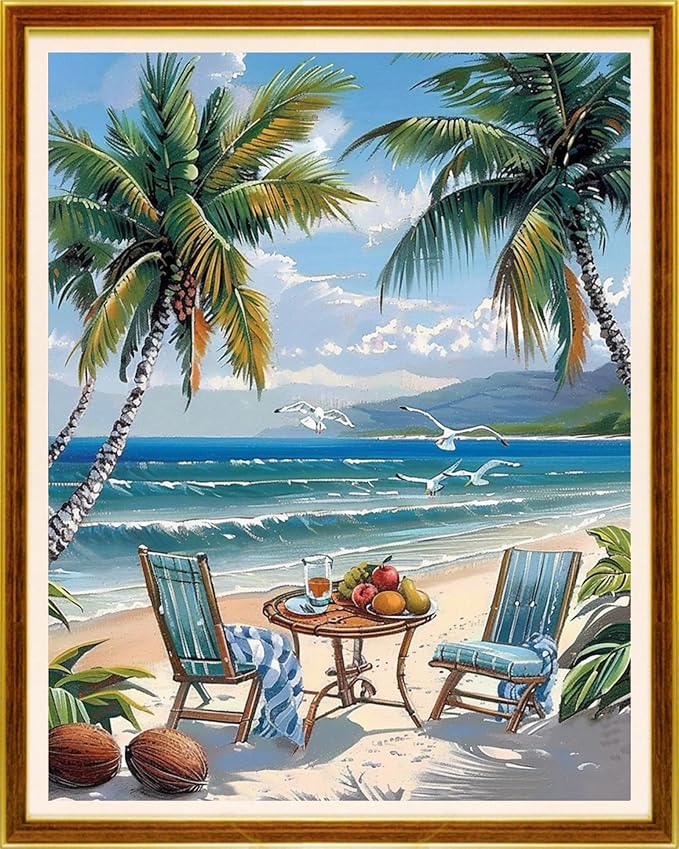 Joycasa Stamped Cross Stitch Kits for Beginners Full Range of Cross Stitching 11 CT Printed Cross Stitch Kit for Adults Cross-Stitch Patterns Needlepoint Kits-Afternoon Tea by The Sea 16x20 inchs