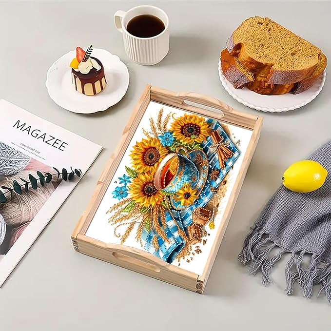 DoxQcs DIY Diamond Art Wooden Food Tray with Handle Diamond Painted Table Decoration Tray for Breakfast Bar Dinner Table Diamonds Art Painting for Beginners-2PCS