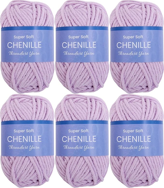 6 Pack ThreadArt Chenille Yarn for Crocheting, Knitting, Amigurumi, Super Soft Plush Velvet Yarn - 50 Gram 60 yds #5 Fluffy Yarn Skeins - Lavender 11