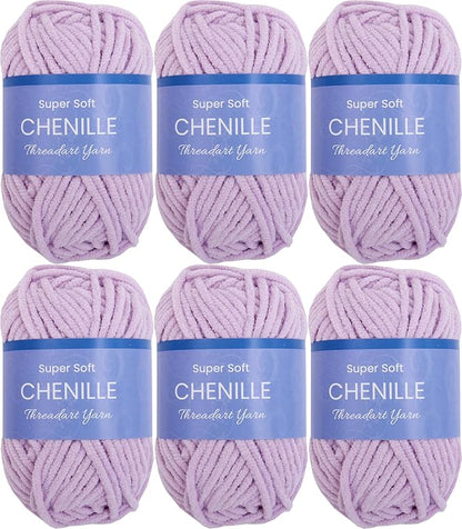 6 Pack ThreadArt Chenille Yarn for Crocheting, Knitting, Amigurumi, Super Soft Plush Velvet Yarn - 50 Gram 60 yds #5 Fluffy Yarn Skeins - Lavender 11