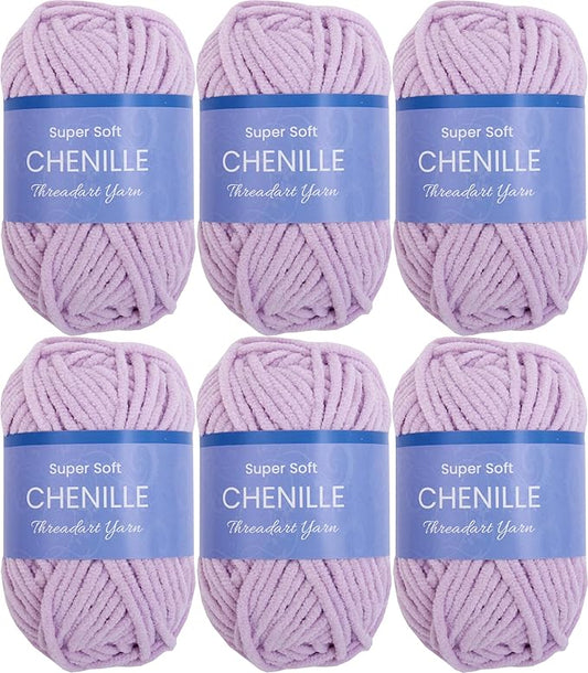 6 Pack ThreadArt Chenille Yarn for Crocheting, Knitting, Amigurumi, Super Soft Plush Velvet Yarn - 50 Gram 60 yds #5 Fluffy Yarn Skeins - Lavender 11