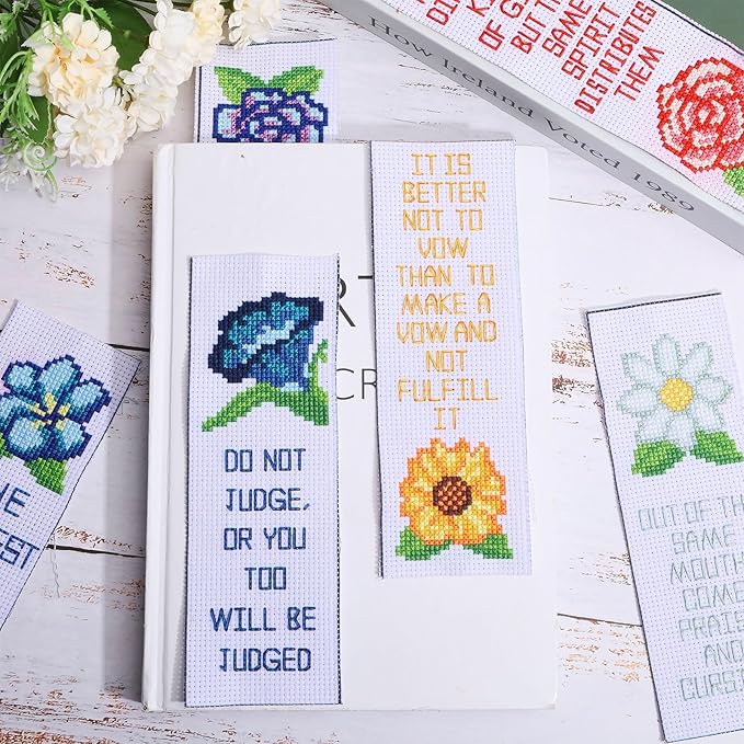 ORIGACH 6 Set Cross Stitch Bookmark Kit for Beginner Flower and Bible Verse Pattern DIY Stamped Embroidery Bookmark Kit with 19 Colors Embroidery Floss Instructions 8''x2.4''