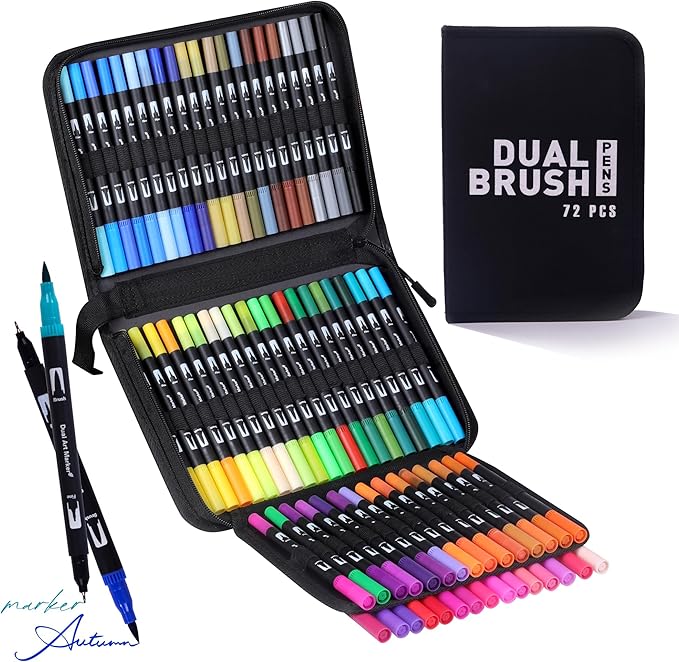 Abvqr Dual Markers Brush Pens, 72 Colors Art Marker Set with Brush and Fine Tips – Premium Art Supplies for Adults, Perfect for Coloring Books, Hand Lettering, Calligraphy, and Drawing