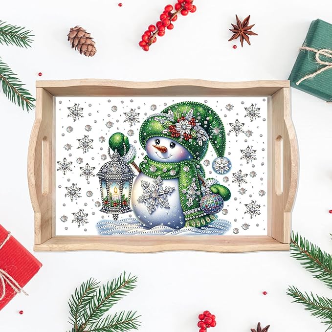 DIY Diamond Art Painting Wooden Tray Kit, Food Tray with Handle Diamond Painted Table Decoration Tray, for Breakfast, Bar Dinner Table Diamond Dots Gem Painting Art Set for Beginners-Snowman3