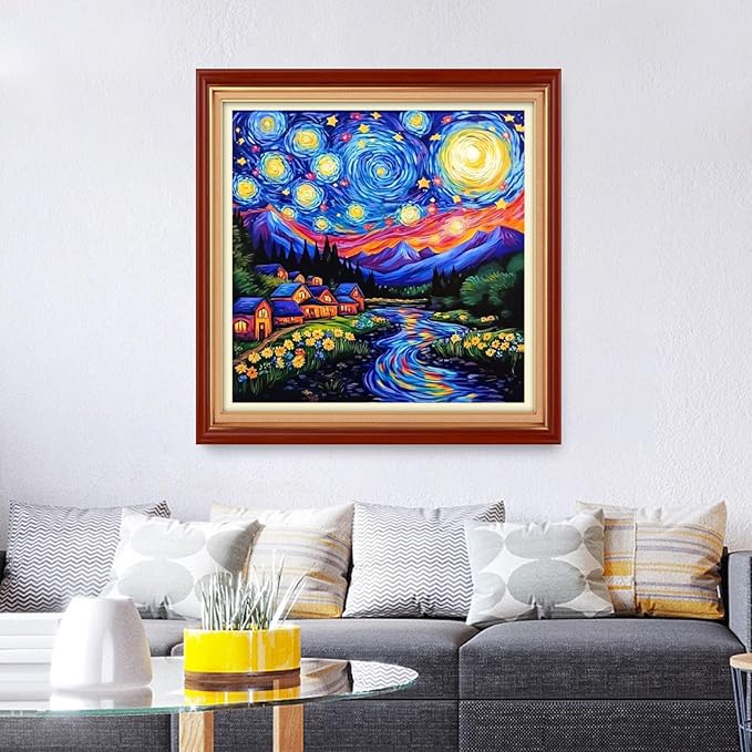 Foxhool Stamped Cross Stitch Kits,11CT Printed Cross Stitch Pattern Full Embroidery Kits for Beginner Needlepoint Kits&Van Gogh's Starry Sky Scenery 18x18 inch