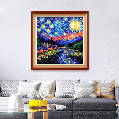 Foxhool Stamped Cross Stitch Kits,11CT Printed Cross Stitch Pattern Full Embroidery Kits for Beginner Needlepoint Kits&Van Gogh's Starry Sky Scenery 18x18 inch