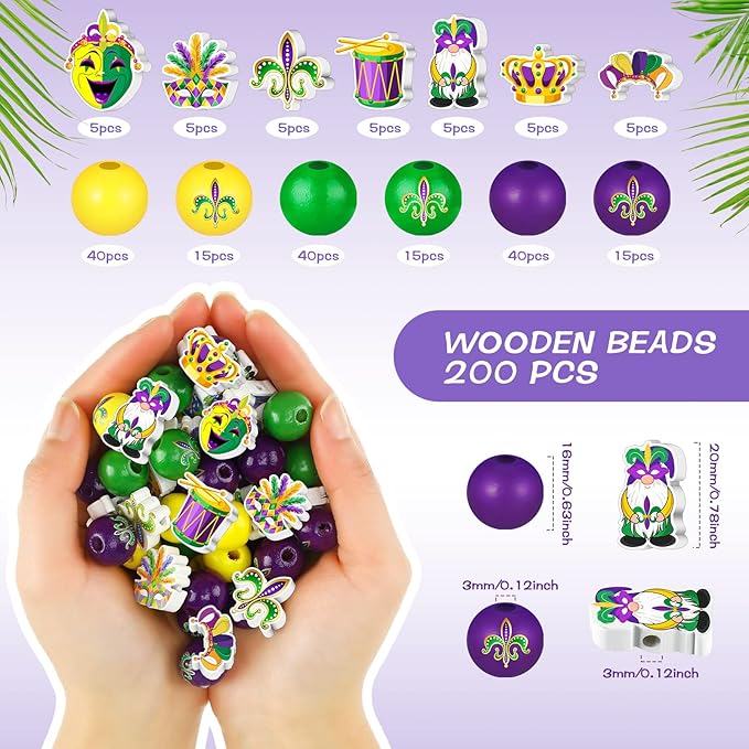 200 Pcs Mardi Gras Wood Beads Mardi Gras Round Wooden Loose Beads Bulk Wooden Craft Beads with Holes Buffalo Plaid Wood Beads Polka Dot Wood Spacer Beads for Jewelry DIY Crafts Decor (Funny Style)