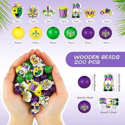 200 Pcs Mardi Gras Wood Beads Mardi Gras Round Wooden Loose Beads Bulk Wooden Craft Beads with Holes Buffalo Plaid Wood Beads Polka Dot Wood Spacer Beads for Jewelry DIY Crafts Decor (Funny Style)