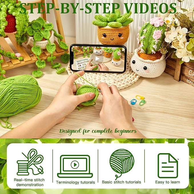 MAGIMUSE Crochet Kit for Beginners, Crochet Starter Kits, Amigurumi Craft Knitting Crocheting Kits with Step-by-Step Video Tutorials, 6 Pack Hanging Potted Plants Family(40%+ Yarn