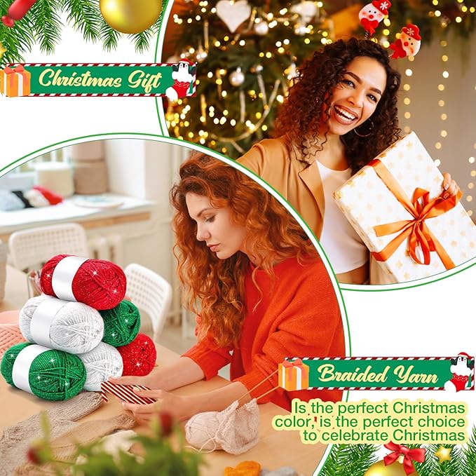 Timgle 6 Pcs Skeins Christmas Yarn for Crocheting 186 Yard Christmas Glitter Yarn Soft Each 100g/ 3.53 oz Knitting Crocheting Gift Craft Project Assorted Starter (Red Green White)