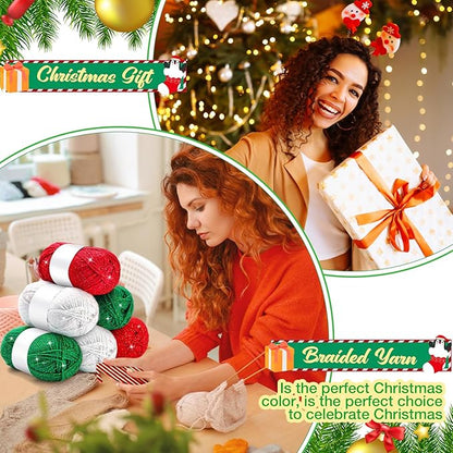 Timgle 6 Pcs Skeins Christmas Yarn for Crocheting 186 Yard Christmas Glitter Yarn Soft Each 100g/ 3.53 oz Knitting Crocheting Gift Craft Project Assorted Starter (Red Green White)