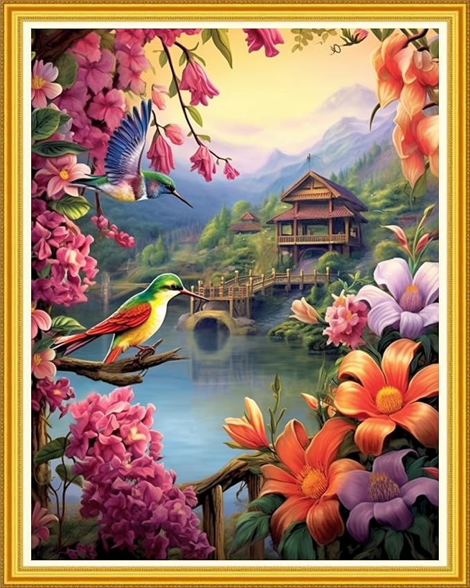 DMCVIVR Stamped Cross Stitch Kits for Beginners Adults Needlepoint Kits for Beginners Embroidery Kits for Adults Crossstitch Kit for Beginners 11CT-Flower Birds 16x20 inch