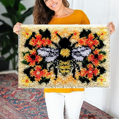 KitsMaster Buzzing Blooms” Latch Hook Kit – Bee & Flowers Design, Pre-Printed Canvas with Color-Coded Yarn, DIY Rug Making Kit for Adults & Beginners, 23.6''x15.8'' (Bee & Blossoms)