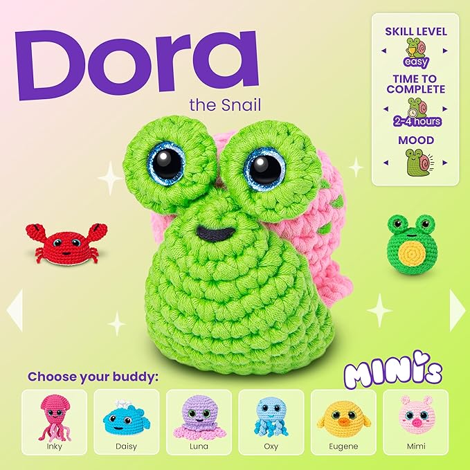 Cookie Box Crochet Kit for Beginners – Gift Set to Make Snail Dora Amigurumi Plushie – Easy DIY Crochet & Knitting Starter Kit with Printed Instructions & Step-by-Step Video Tutorial