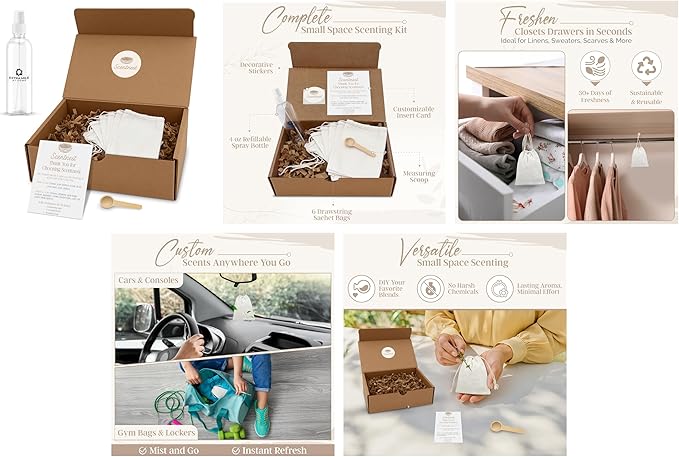 Scentnest DIY Home Fragrance Kit – Small Space Scenting Solution – Includes 6 Drawstring Sachet Bags, 4oz Spray Bottle, Scoop, Insert Card & Stickers – Fill with Beads, Herbs or Essential Oils