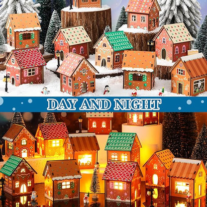 29 Pcs DIY Christmas Village Sets 12 Pcs Wood Village Houses Xmas Scene Figurines Decoration Mini Tree Desktop Ornament for Indoor Room Landscape Xmas Holiday Party Decor(Cute Style)