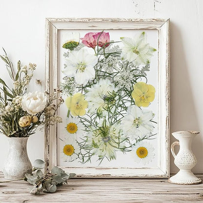 86Pcs Dried Flowers for Crafts, Real Pressed Flowers for Crafts Dried Pressed Flowers Dry Leaves in White, Pink & Yellow Tones for Resin, DIY Art, Scrapbook, Jewelry, Candle & Soap Making with Tweezer