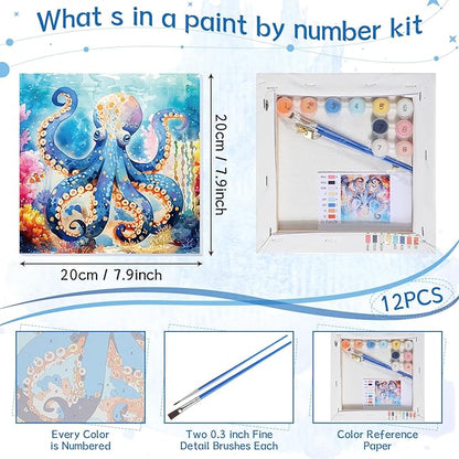 Nezyo 12 Sets Paint by Numbers Kit with Frame for Adult Beginners, Paint by Number DIY Acrylic Painting Canvas for Painting Party, Classroom Activity Birthday Gift, 8 x 8 Inch