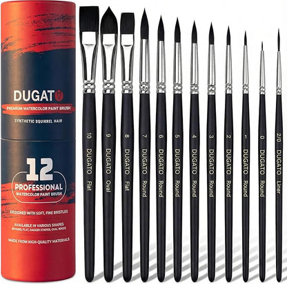 Watercolor Brushes Professional, DUGATO 12pc Artist Paint Brush Set - Synthetic Bristles (Round, Flat, Liner, Oval) for Watercolor Gouache Inks Painting