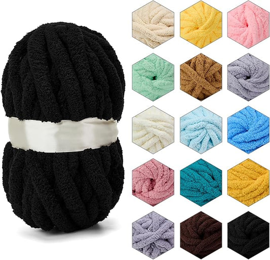 ERLYEEN Chenille Chunky Yarn Super Bulky Soft Thick Fluffy Jumbo Giant Washable Polyester Big Yarn DIY for Arm Knit Blanket Cushion Bed Sofa Home Decor,Black,0.55LB