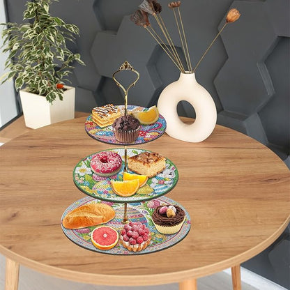 Three-Tier Diamond Painting Wooden Cake Stand DIY Sunflower Diamond Painting Cupcake Towel-Lined Tiered Tray Reusable Pastry Stand (Easter)