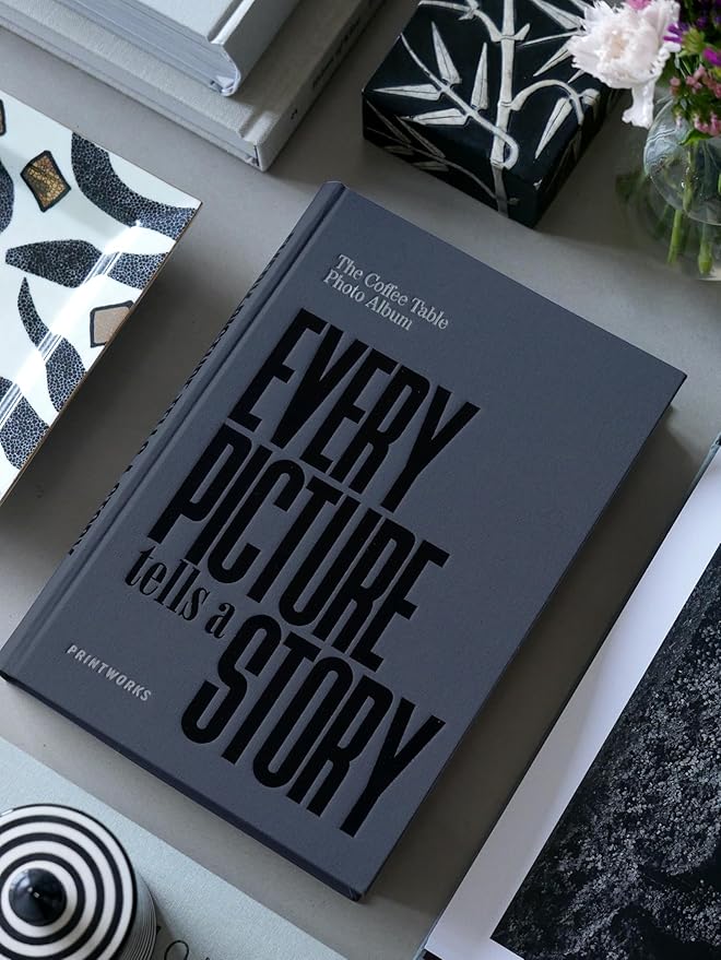 Printworks Photo Book – Every Picture Tells a Story – Expandable Hardcover Album with 80 Pages – Fits 160 Horizontal 11x15 cm Photos – Stylish Bookshelf – Dark Grey Cloth Cover