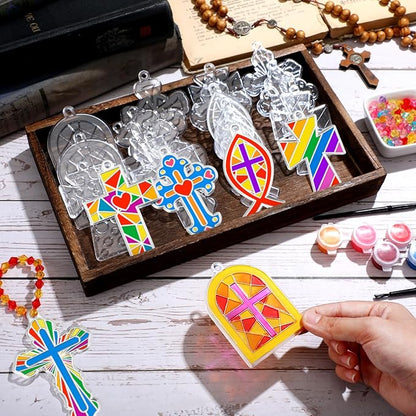 WinnerWhy 30 Sets Easter Christian Ornaments Kits Bulk, DIY Cross Suncatchers Window Art Religious Crafts Paint Your Own Cross Window Home Ornaments for Party Decor