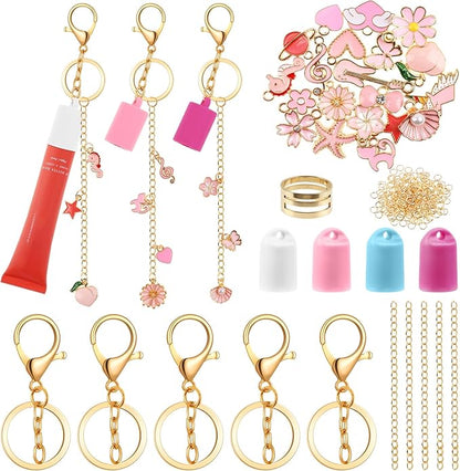 Pengxiaomei 135 Pcs DIY Keychain Making Kit, 4 Pcs Lip Gloss Keychains Cap with Pink Ornaments Lip Gloss Keychain Jewelry Keychains Accessory