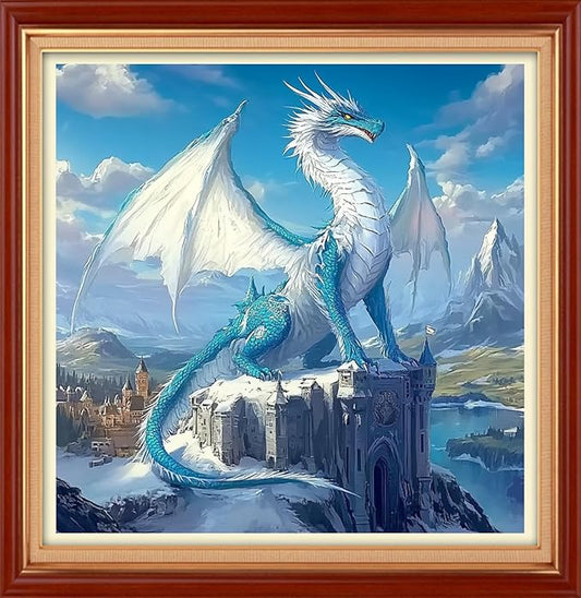 Foxhool Stamped Cross Stitch Kits,11CT Printed Cross Stitch Pattern Full Embroidery Kits for Beginner Needlepoint Kits&Blue Wing Dragon Landscape 18x18 inch