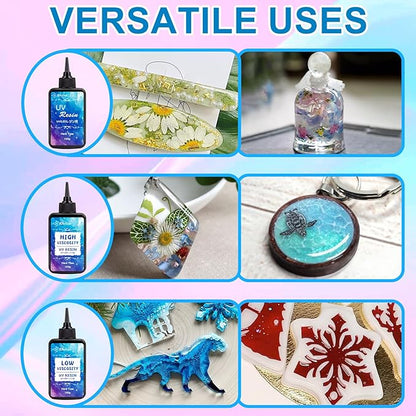 JDiction UV Resin Trio Bundle - 300g Total - Regular, High Viscosity/Thick and Low Viscosity/Thin Crystal Clear UV Resins for Jewelry Making, Doming, Coating, Detail Molds and Casting Resin Crafts